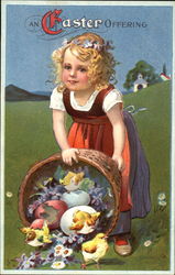 Little Girl and a Basket of Hatching Chicks Postcard