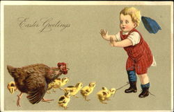 Little Boy, Hen and Chicks Postcard