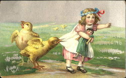 Girl with Doll and Chicks Postcard