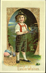 German boy with basket of easter eggs and chick Postcard
