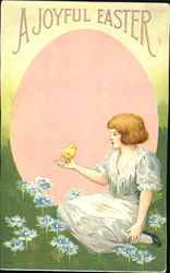 Girl next to egg with baby chick in her hand Postcard