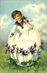 Boy standing in a huge Easter egg and holding flowers Eggs Postcard Postcard