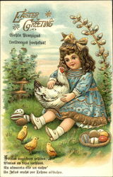 Girl in Blue Dress with Chickens and Eggs Postcard