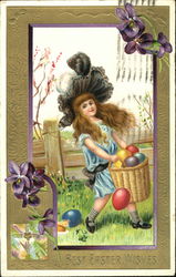 Girl in blue dress and big black hat carring basket with colored eggs Postcard