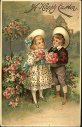 Boy and girl with roses Postcard