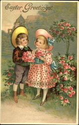 Boy and girl with roses Postcard