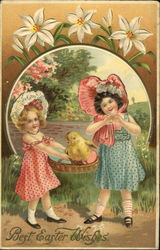 Two girls, chick standing in basket Postcard