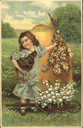 Girl with chick in front of Easter egg and flowers Postcard