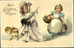 Little Girls Dressed Up with Chick and Eggs Postcard