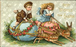 Children Riding Eggs Pulled by Rabbits Postcard