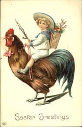 Little boy riding a rooster Postcard