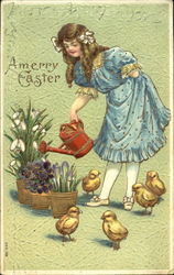 Girl in Blue Dress with Chicks Postcard