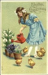 Young Girl Watering Flowers Postcard