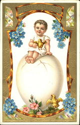 Girl, egg and chicks Postcard