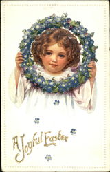 Little Girl Holding a Wreath of Blue Flowers Postcard