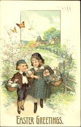 Girl and boy carring baskets with eggs, butterflies Postcard