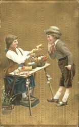 Girl vending Easter items to boy Postcard