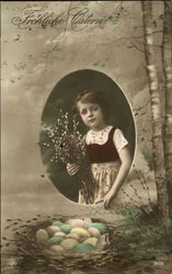 Girl Holding Flowers with Eggs in Nest Postcard
