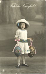 Girl holding two big eggs with pink ribbons Postcard
