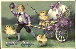 Boy pulling Easter cart, with dancing chicks Postcard