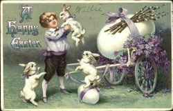 Young boy, white rabbits and a flowered cart Postcard