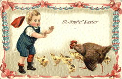 Startled boy facing hen with mouth open and 7 chicks Postcard