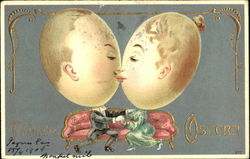 2 people with large egg heads sitting on couch Postcard