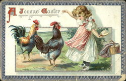 Girl feeding two roosters Postcard