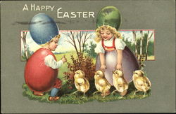 Children Wearing Eggs with Chicks Postcard