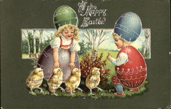 Children Wearing Eggs with Chicks Postcard