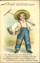 A child farmer with hoe and basket of eggs Postcard