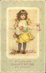 Girl with two egs in pinafore, holding another egg Postcard