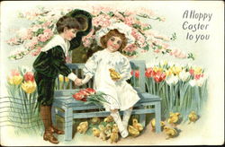 Girl in white dress sitting on bench, holding hands with standing boy Postcard