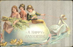 Three Chicldren Sitting on an Egg That's Being Pulled By Swans With Children Postcard Postcard