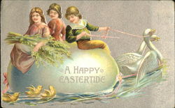 Children Riding and Egg Pulled by Swans Postcard