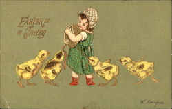 Girl with Chicks and Ribbons Postcard