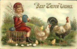 Boy with blue Easter egg, chicks, and chickens Postcard