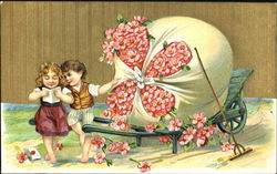 Children with Cart of Pink Flowers Postcard