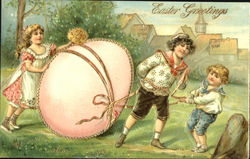 Three Children Rolling a Large Easter Egg Postcard