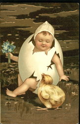 A chick watching a baby hatching from an egg Postcard