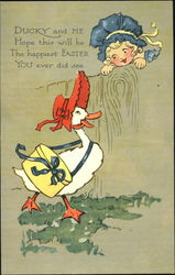 Girl in a bonnet looking at a duck Postcard