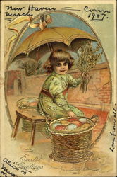 Girl with umbrella sitting by basket of colored eggs Postcard