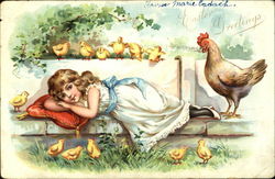 Reclining Girl with Rooster and Chicks Postcard