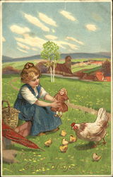 Girl with Doll and Chickens Postcard