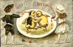 Boy and Girl Painting Chicks Postcard