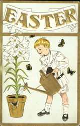 Boy, surrounded by butterflies, watering a plant Postcard