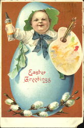 Child painter "hatching" out of blue egg Postcard