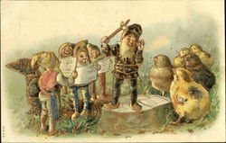 Choir of elves singing to group of chicks Postcard