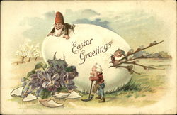 Gnomes, on top of egg, one peeking out, one just broke egg Postcard