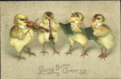 Chick with violin, chick with clarinet, 2 chicks singing Postcard